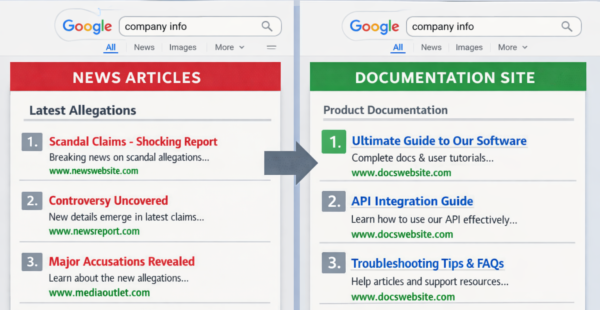 Split screen showing news article allegations ranking below a documentation website in Google search results, demonstrating how to outrank news articles in Google