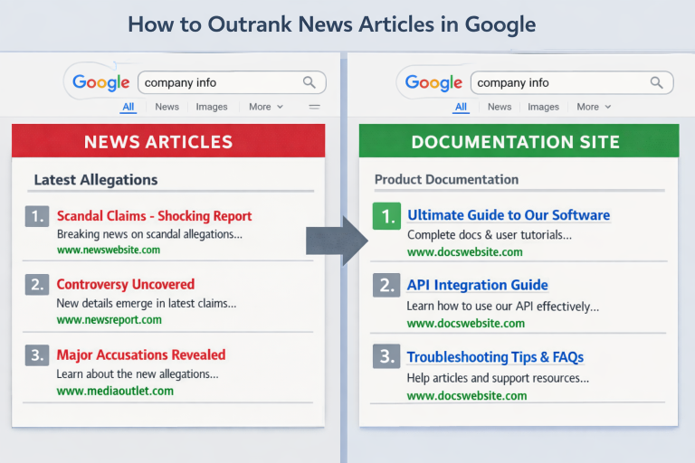 Split screen showing news article allegations ranking below a documentation website in Google search results, demonstrating how to outrank news articles in Google