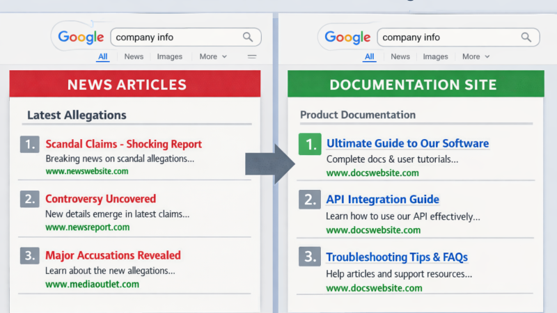 Split screen showing news article allegations ranking below a documentation website in Google search results, demonstrating how to outrank news articles in Google